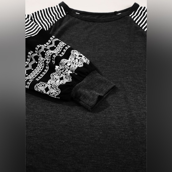 Black Contrast Print Raglan Long Sleeve Top – Striped & Patterned – Sizes S–2XL - Picture 6 of 8